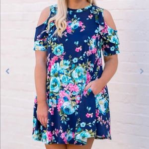 Navy Blue Flower Dress with Pockets!